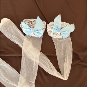 Sheer White Lace Stockings with Blue Bows